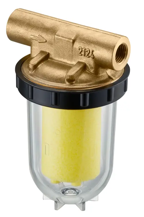 Heizölfilter von Oventrop mit transparentem Gehäuse und gelbem Sinterkunststofffilter. Anschlüsse auf beiden Seiten in G 1/4 IG. Geeignet für Einstrangsysteme.